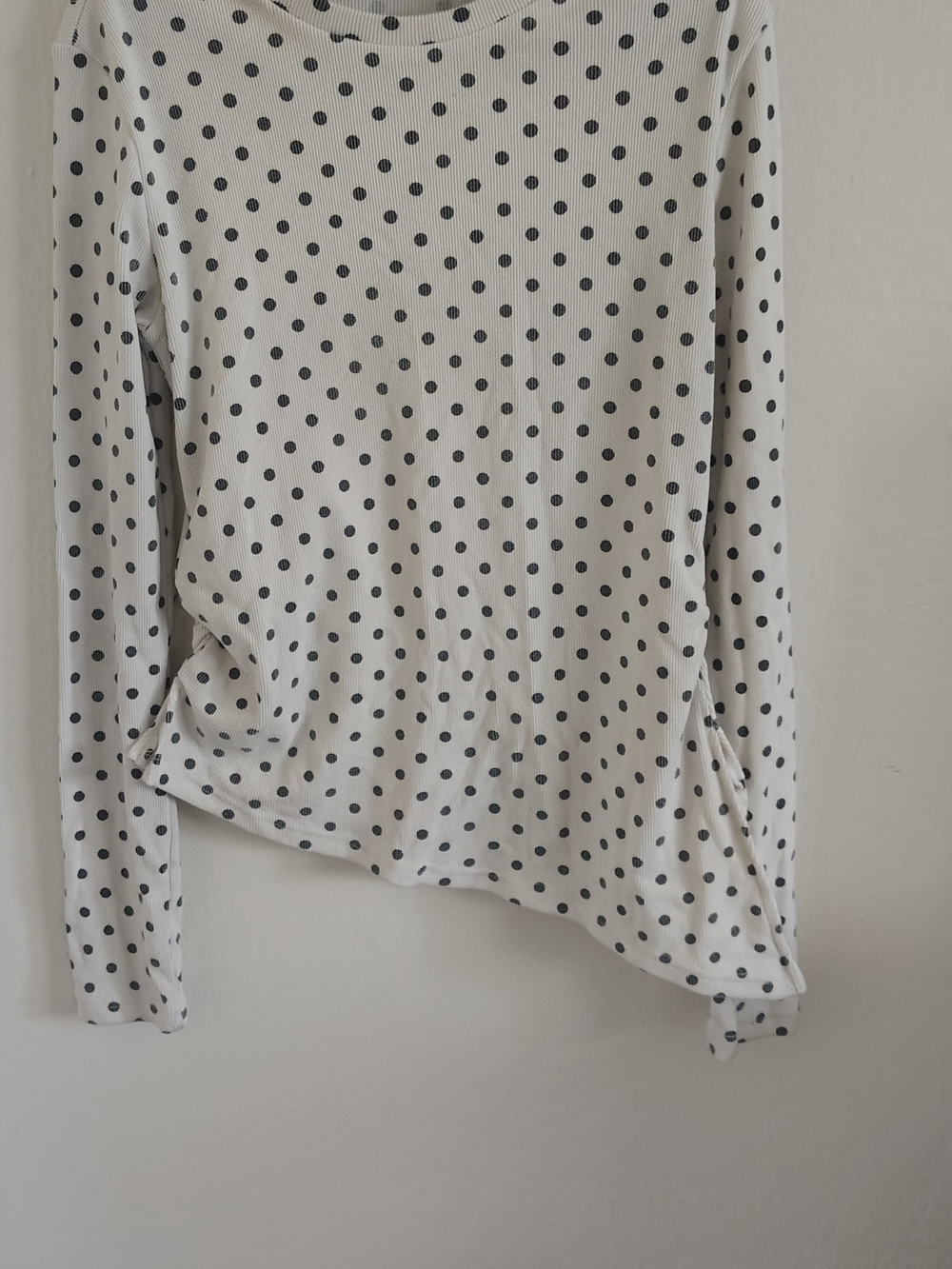 Women’s Polka Dot Long Sleeve Asymmetric Top - White with Black Dots